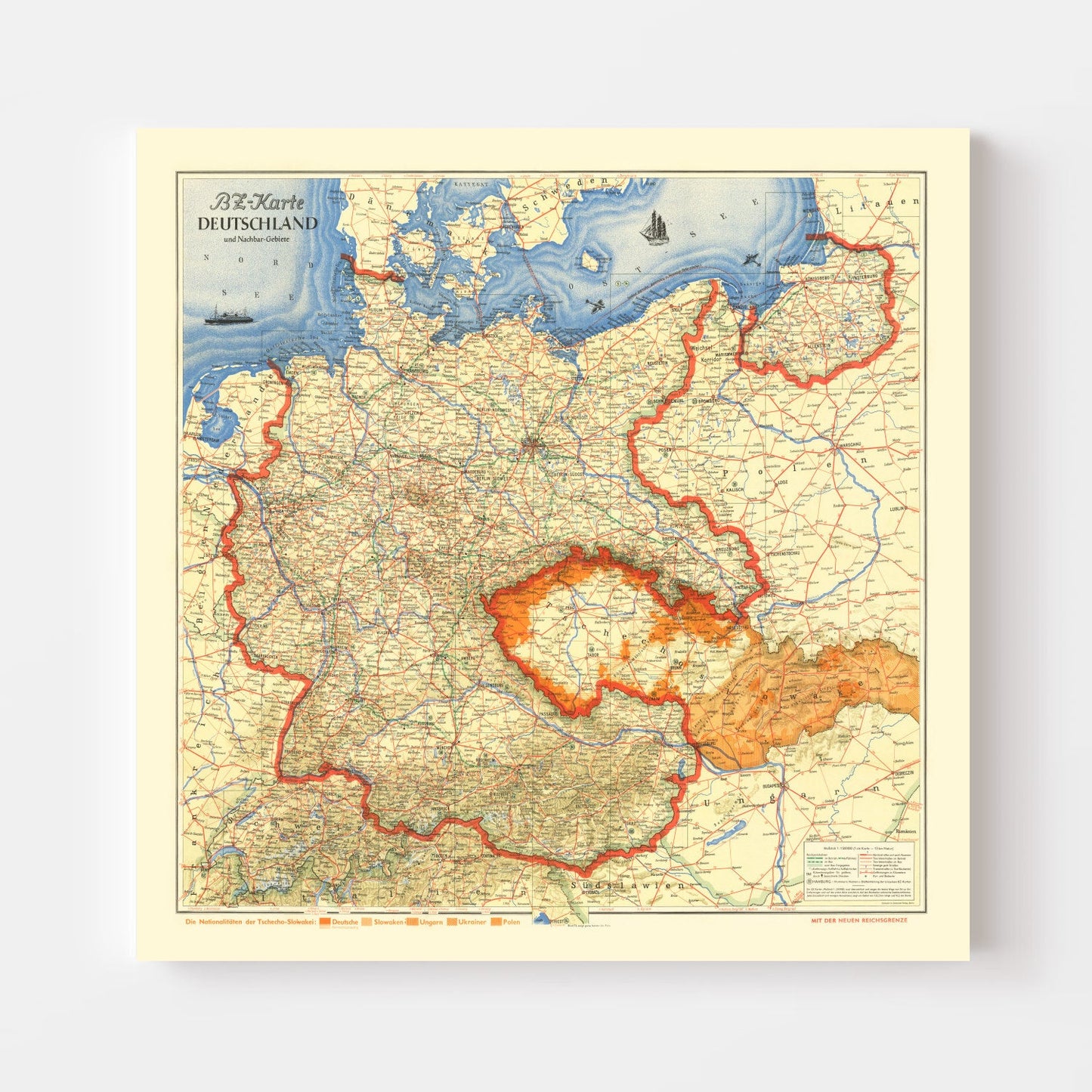 Vintage Map of Germany & Neighboring Areas, 1938