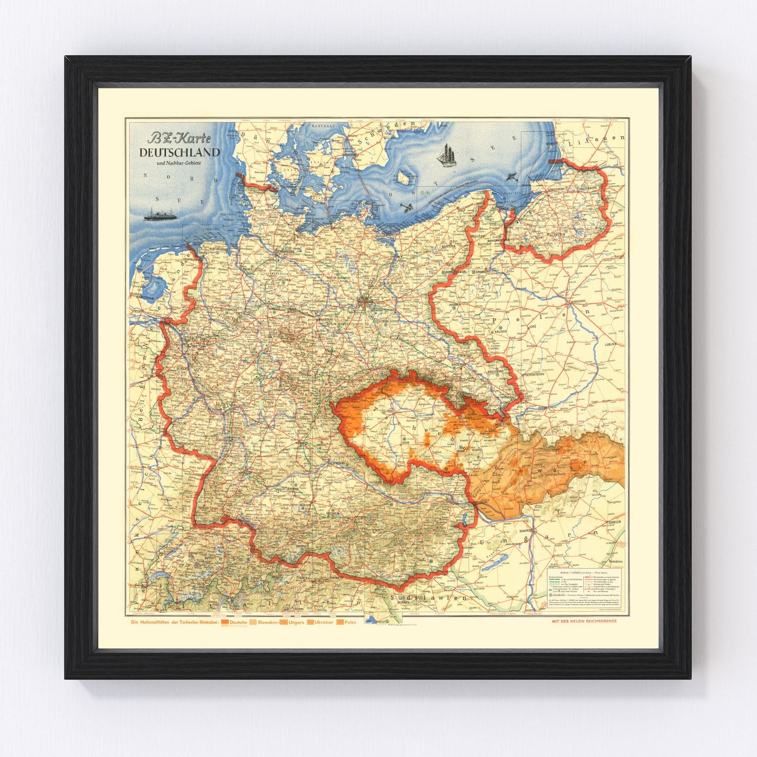 vintage map of Germany and neighboring areas, 1938