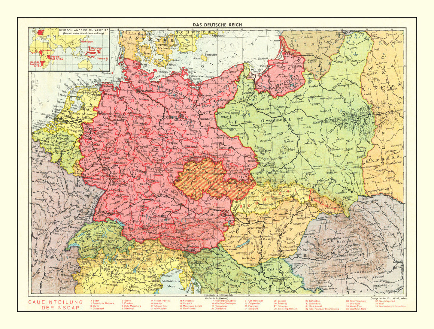 Vintage Map of the German Empire, 1939