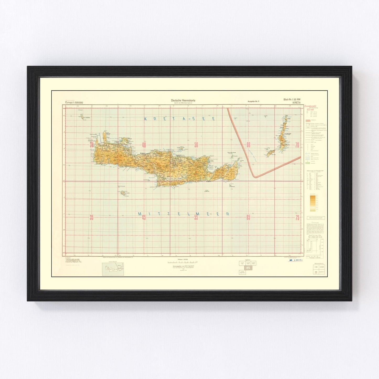 Vintage restored WWII map of Crete, 1941, Battle of Crete Mediterranean cartography