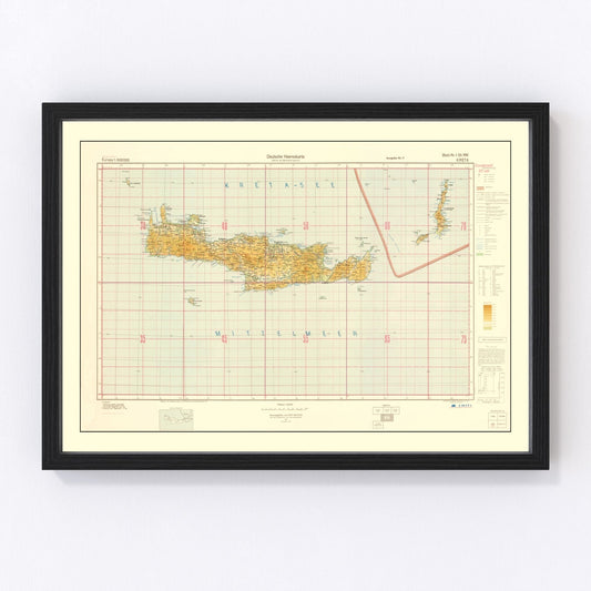 Vintage restored WWII map of Crete, 1941, Battle of Crete Mediterranean cartography