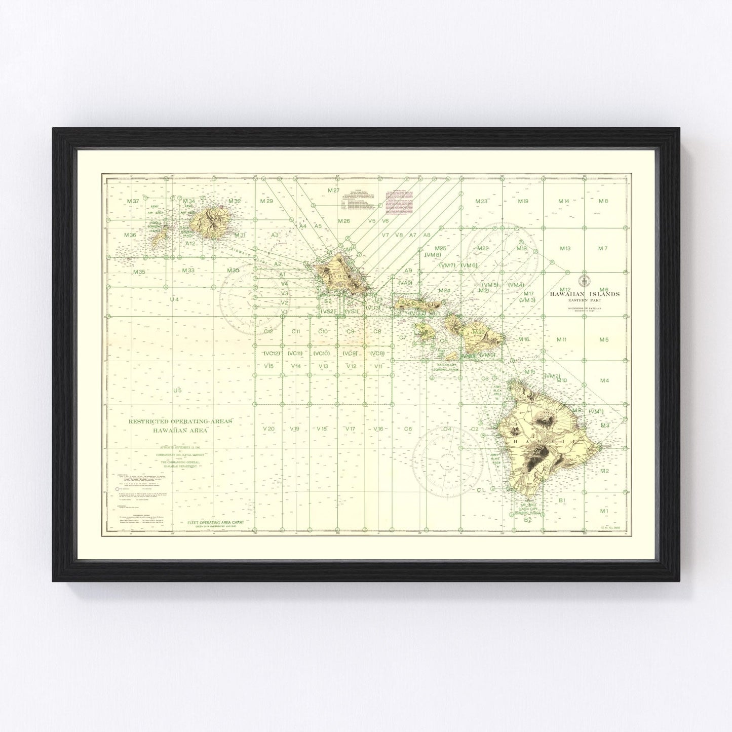 Vintage WWII map of Hawaii showing Pearl Harbor defenses, 1941
