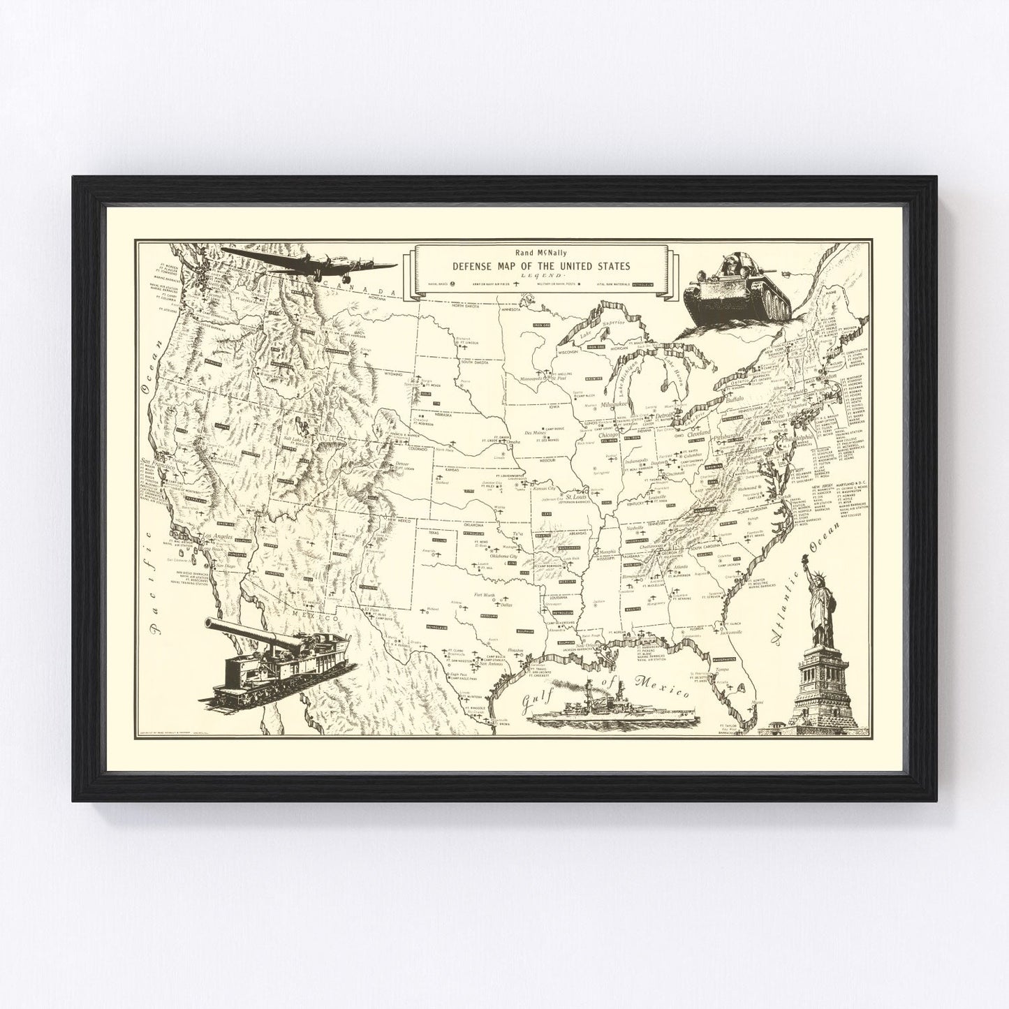 Vintage defense map of the United States, 1941, WWII era digitally restored print