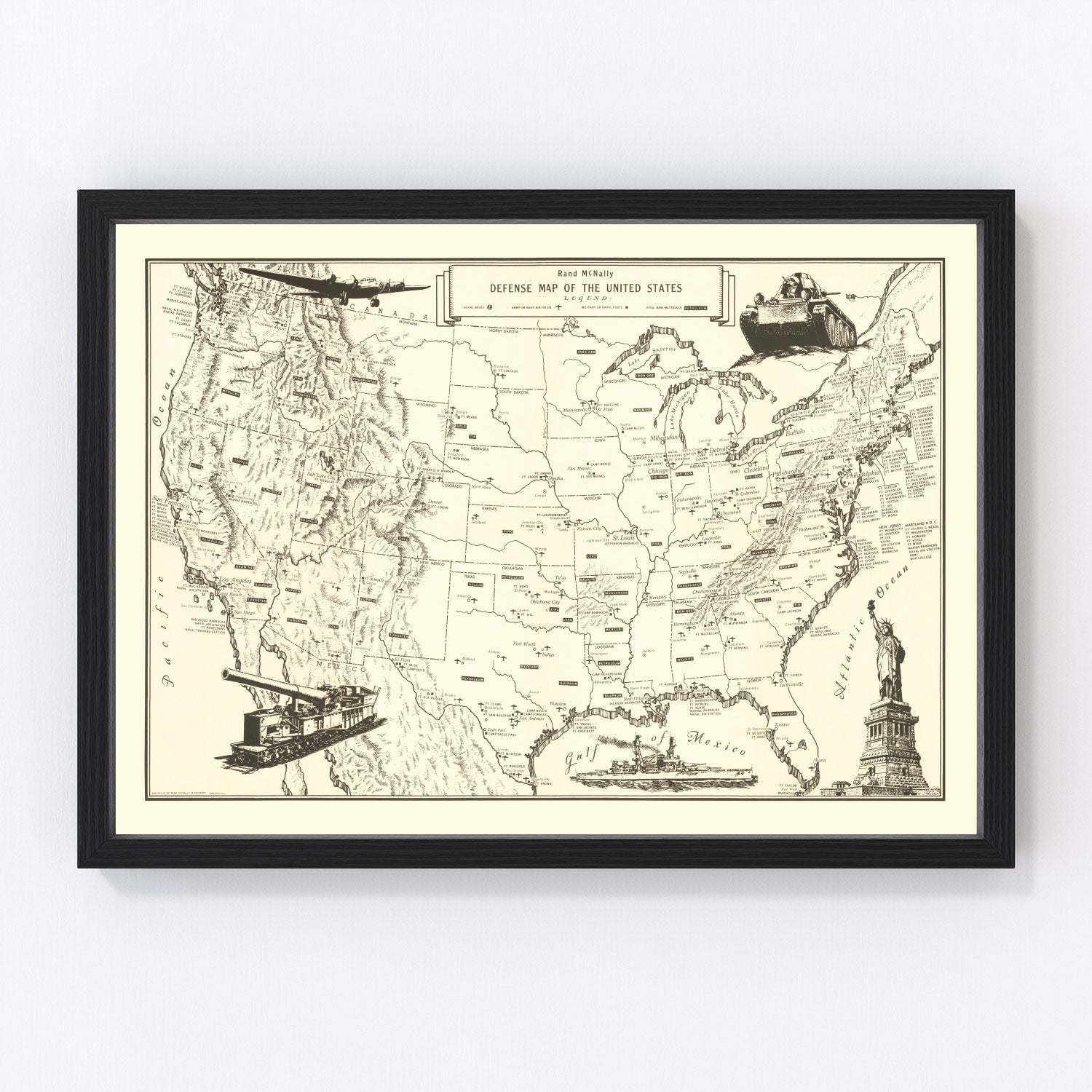 Vintage defense map of the United States, 1941, WWII era digitally restored print