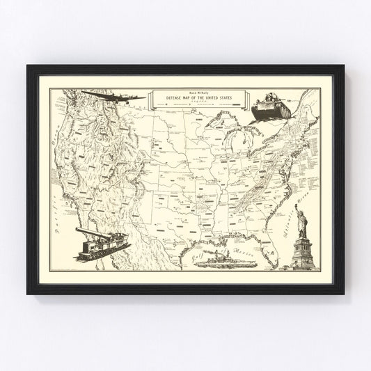 Vintage defense map of the United States, 1941, WWII era digitally restored print