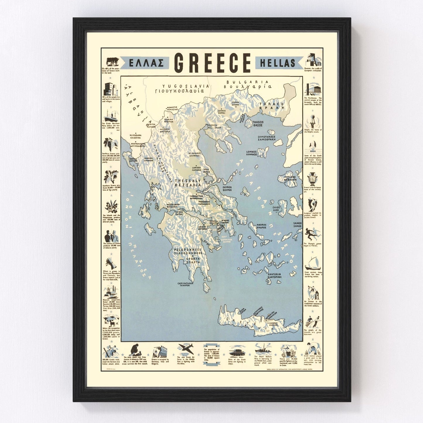 Vintage WWII map of Greece under Axis occupation, 1942