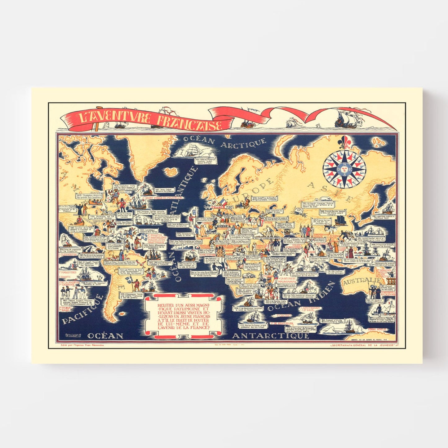 Vintage WWII French Propaganda World Map, 1942