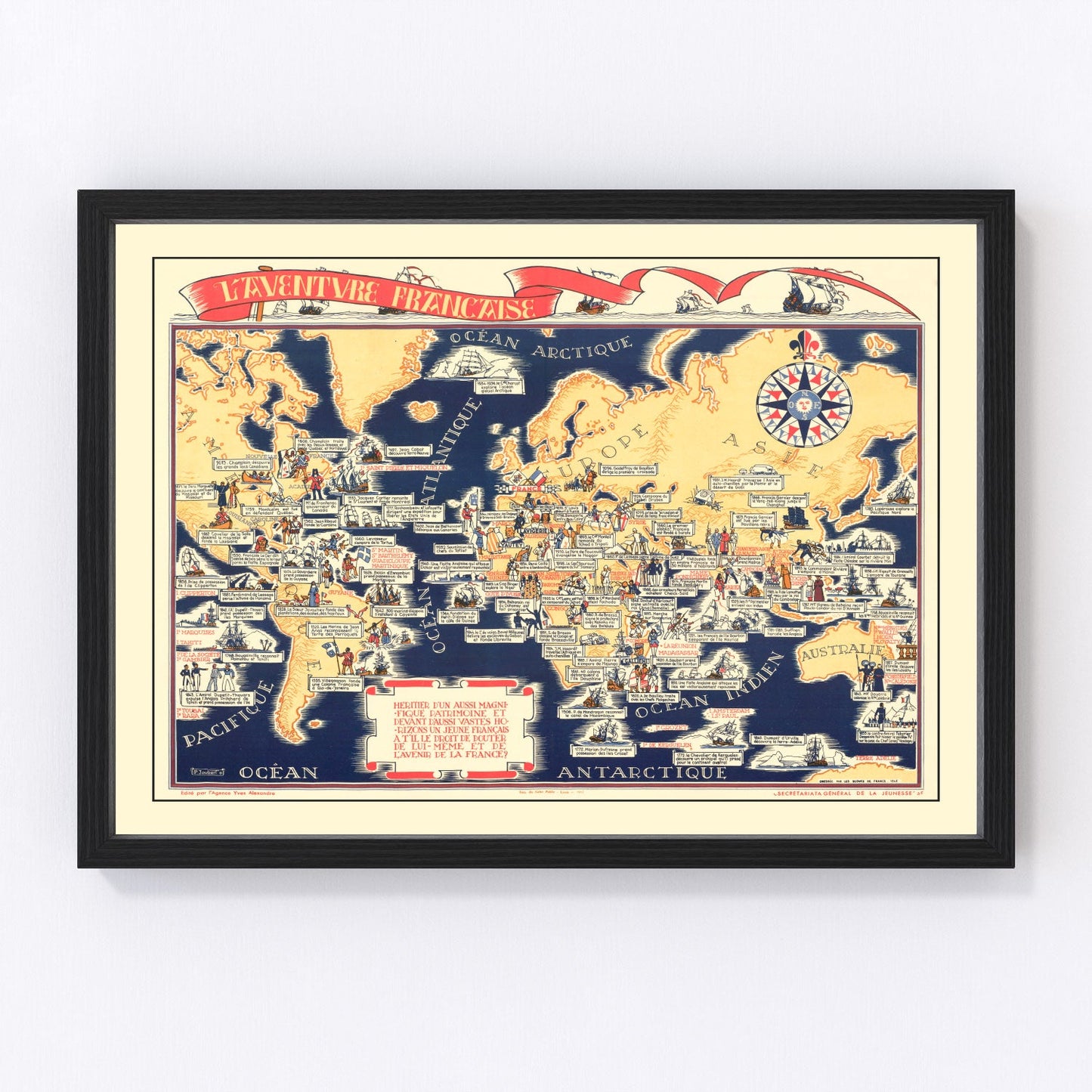 Vintage 1942 French WWII propaganda world map depicting global conflict, restored print
