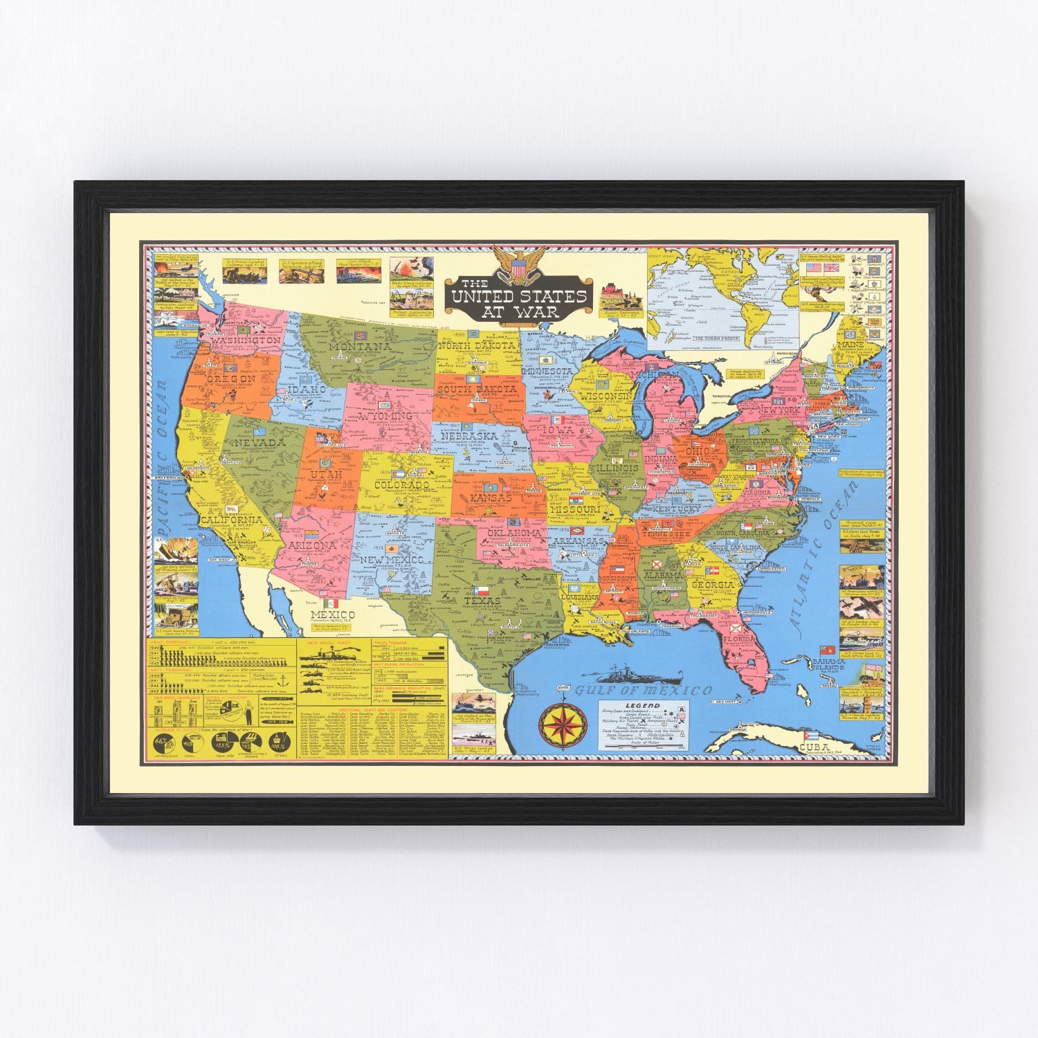 Vintage 1943 wartime map of the United States during World War II, restored print