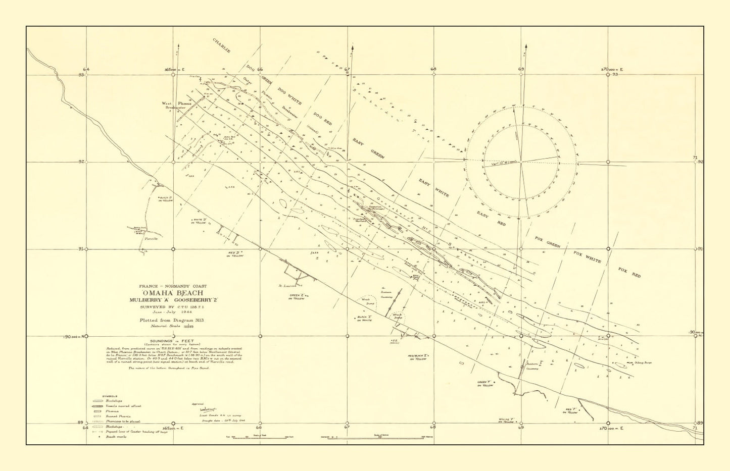 Vintage Omaha Beach WWII Map, 1944
