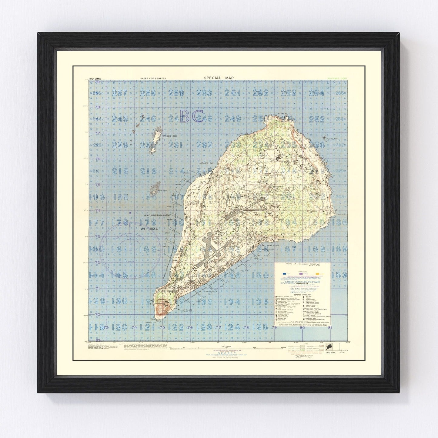 Vintage WWII map of Iwo Jima Japanese defenses and landing beaches, 1944