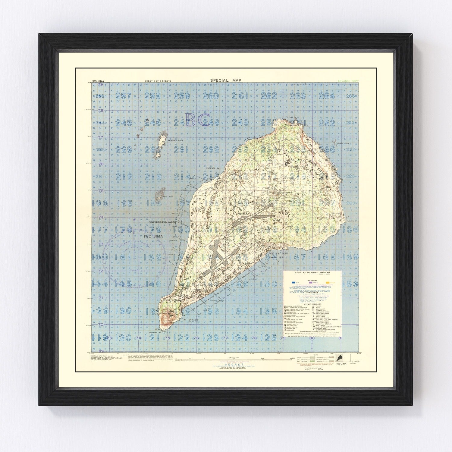 Vintage WWII map of Iwo Jima Japanese defenses and landing beaches, 1944
