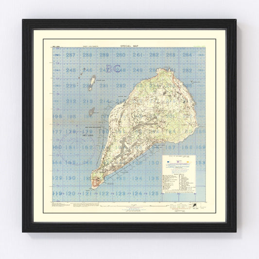 Vintage WWII map of Iwo Jima Japanese defenses and landing beaches, 1944