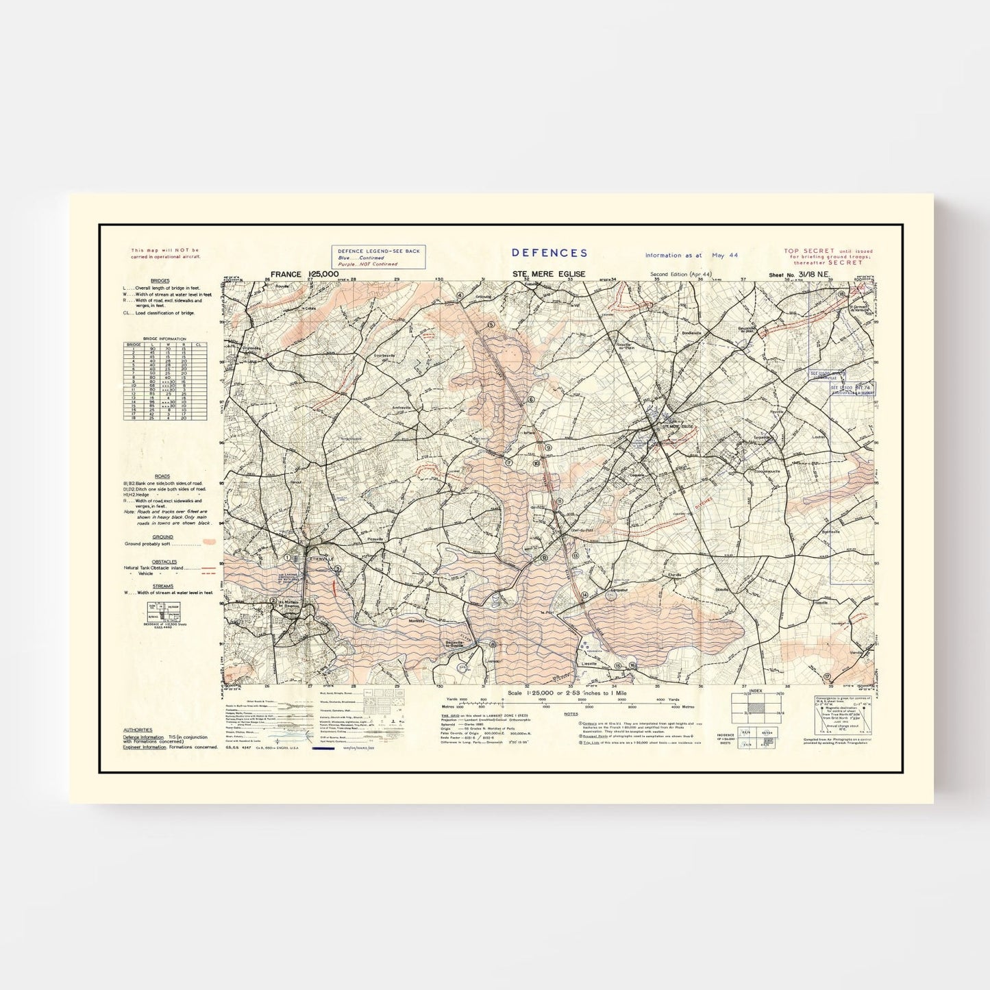 Vintage D-Day World War II Map, 1944