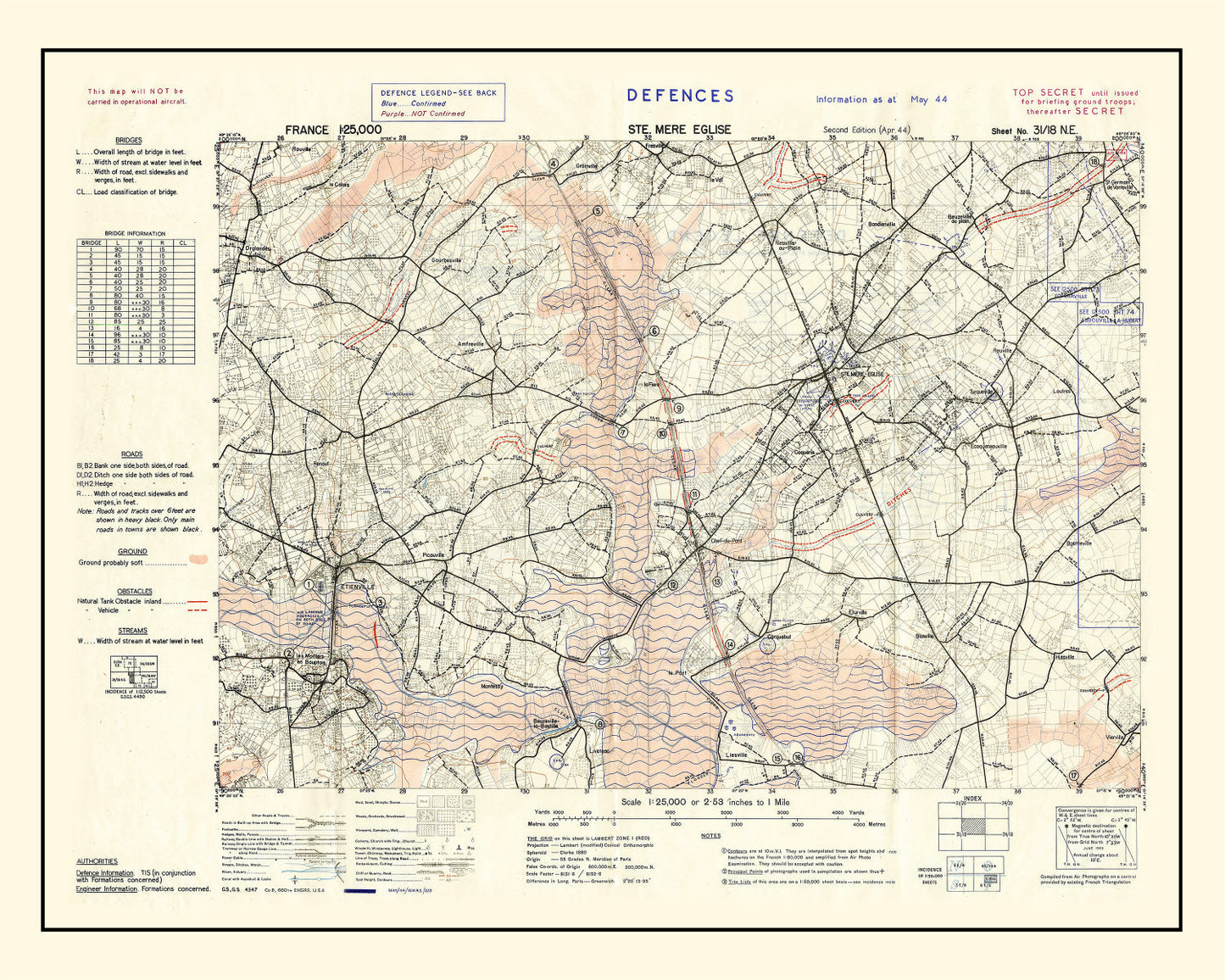 Vintage D-Day World War II Map, 1944