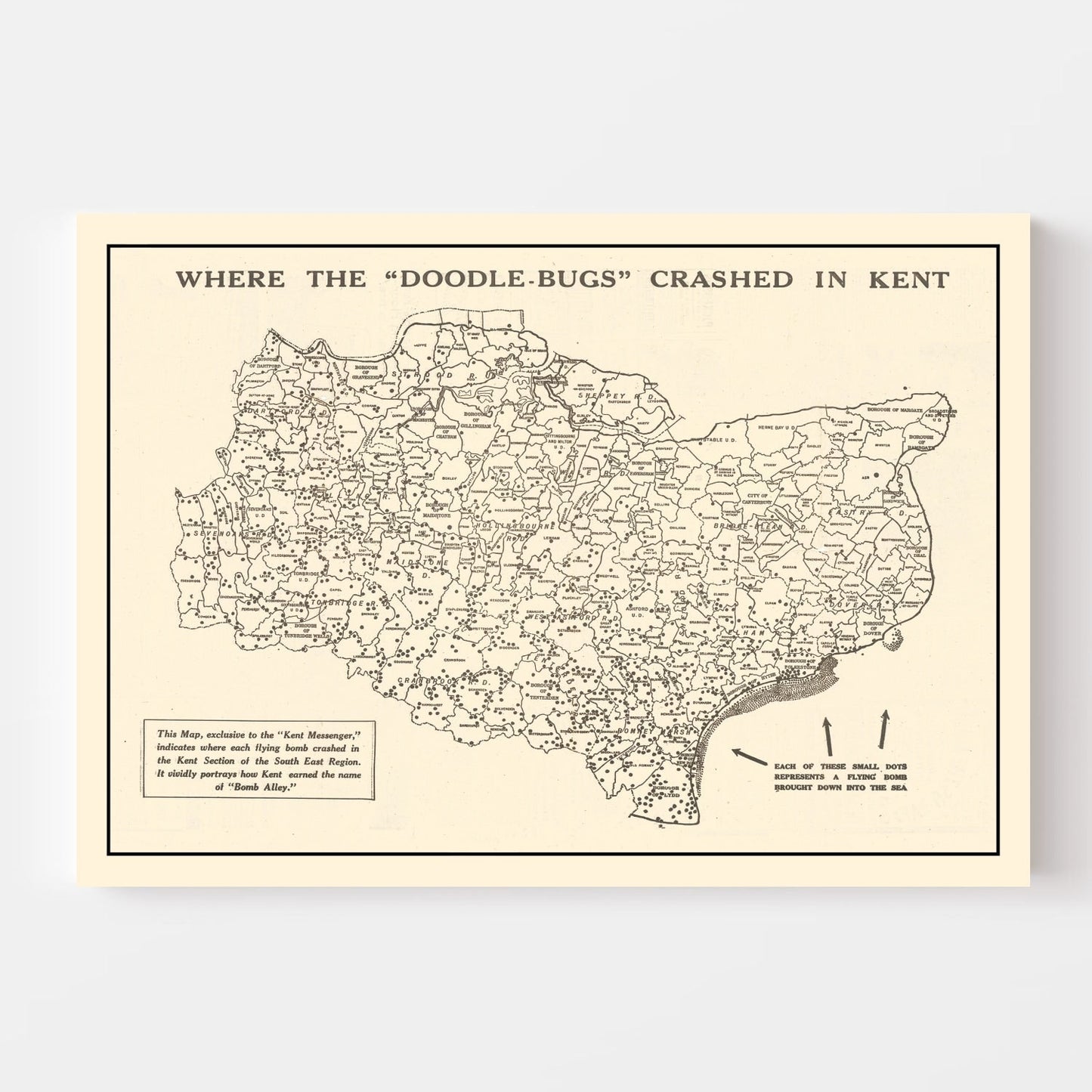 Vintage World War II Map of Doodle Bugs in Kent, 1944