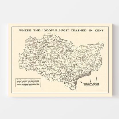 Vintage World War II Map of Doodle Bugs in Kent, 1944