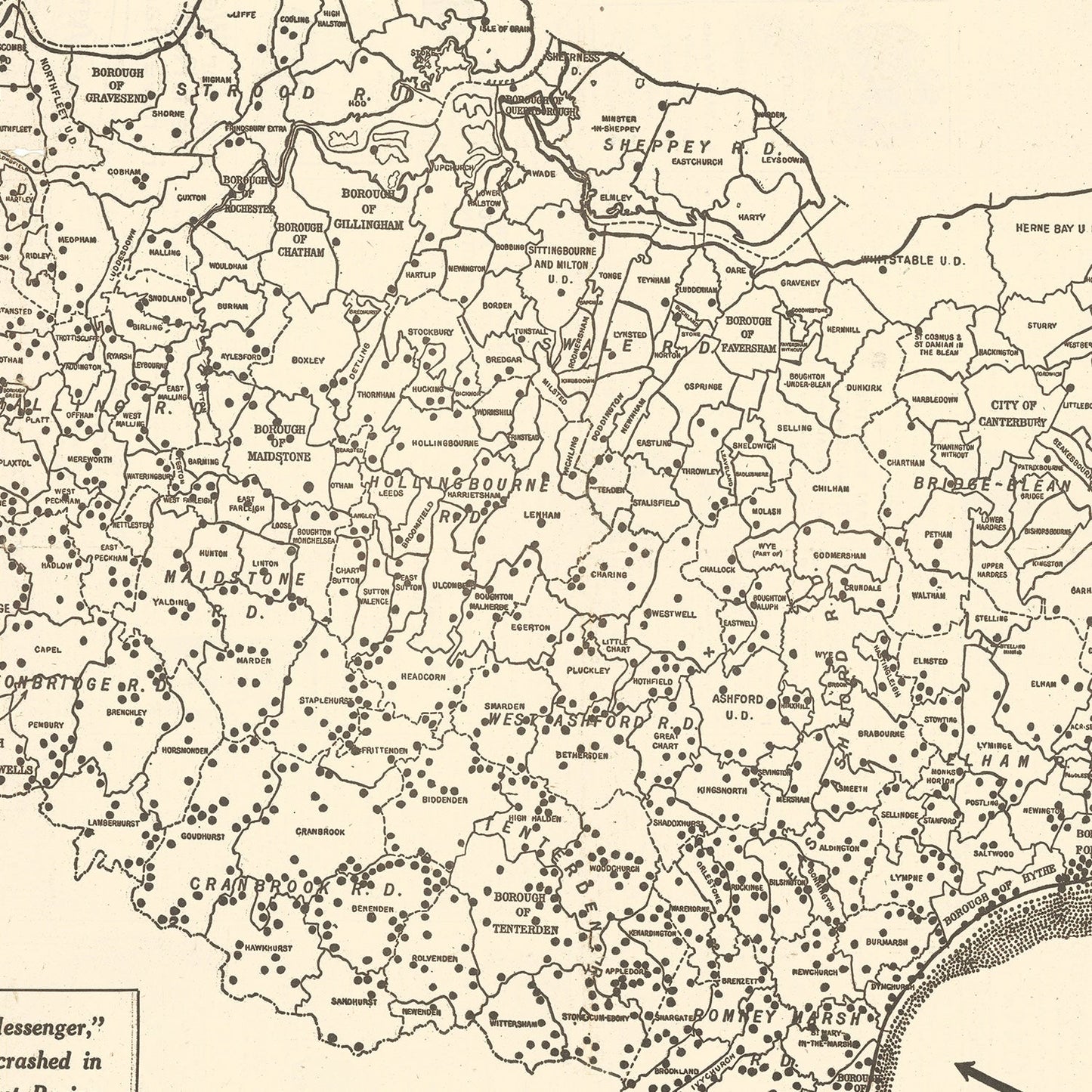 Vintage World War II Map of Doodle Bugs in Kent, 1944
