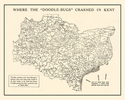 Vintage World War II Map of Doodle Bugs in Kent, 1944