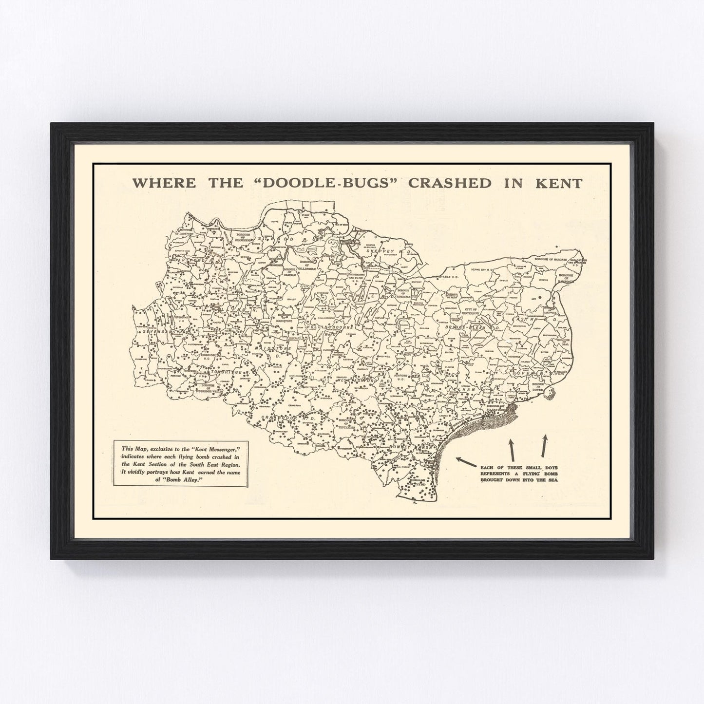 vintage map of Kent, England, Doodle Bug V-1 impact sites, 1944