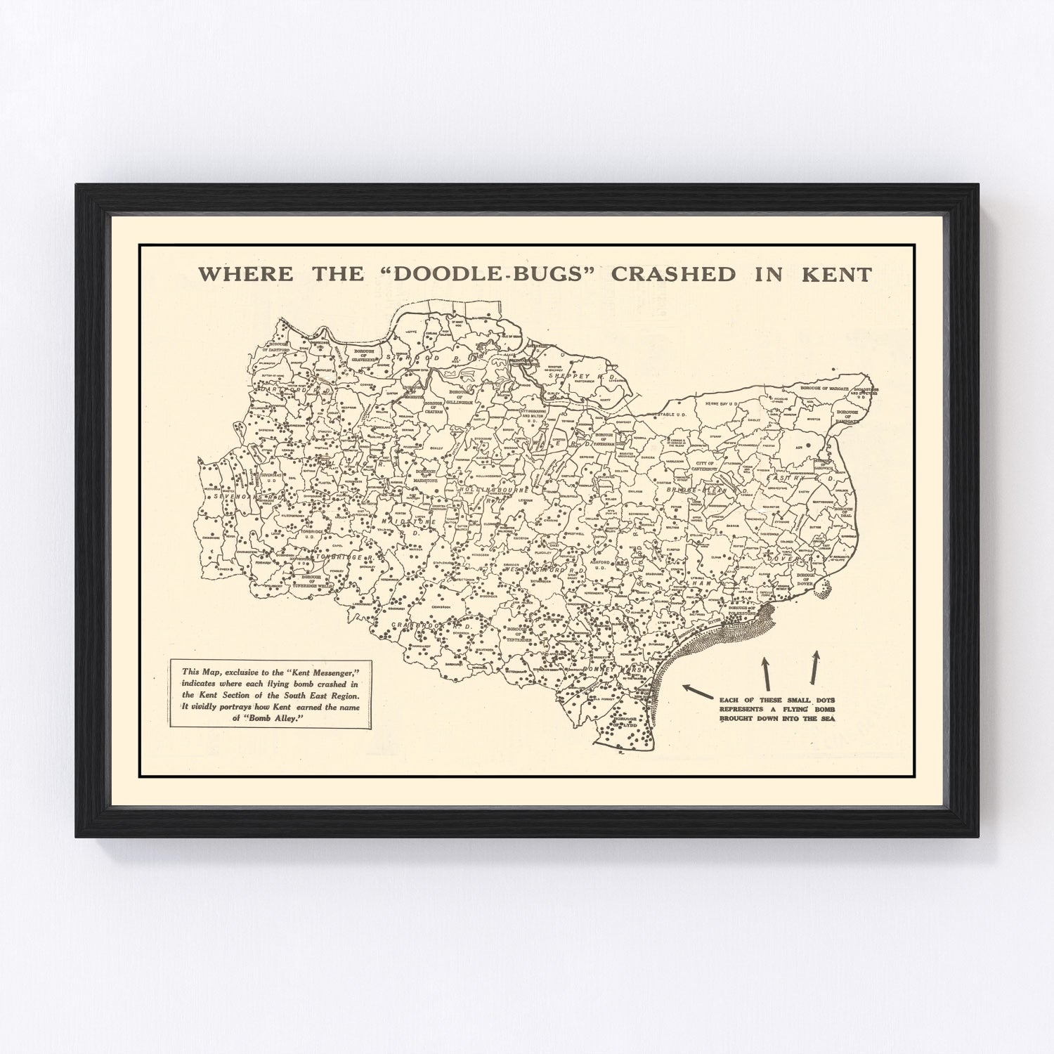 vintage map of Kent, England, Doodle Bug V-1 impact sites, 1944
