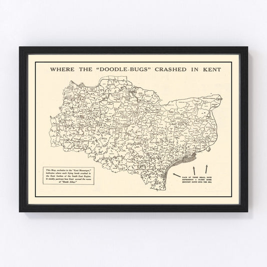 vintage map of Kent, England, Doodle Bug V-1 impact sites, 1944
