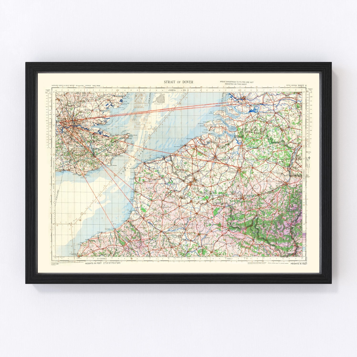Vintage 1944 Strait of Dover WWII map nautical chart, digitally restored print