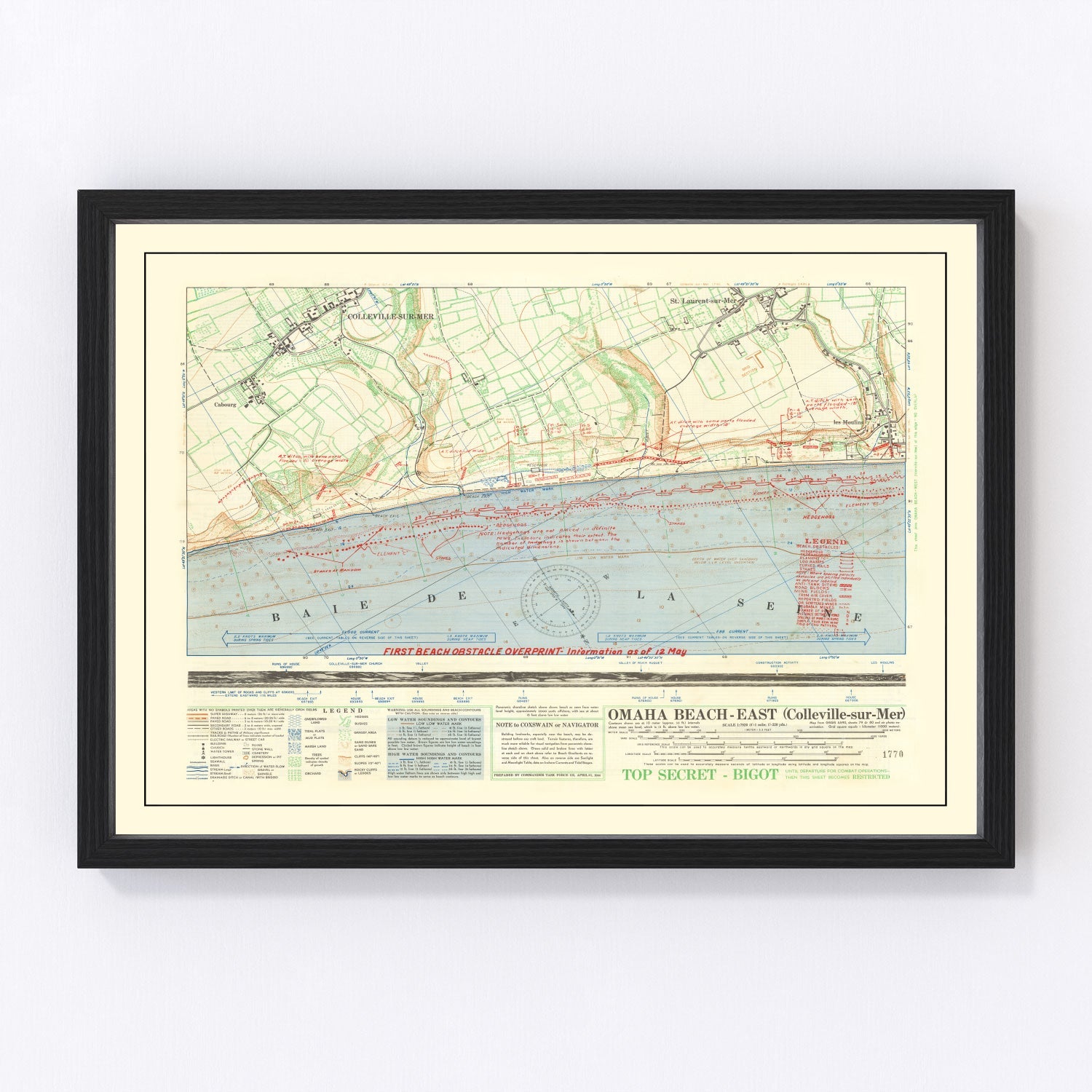vintage Omaha Beach D-Day landing map, Normandy, 1944