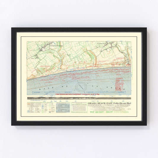 vintage Omaha Beach D-Day landing map, Normandy, 1944