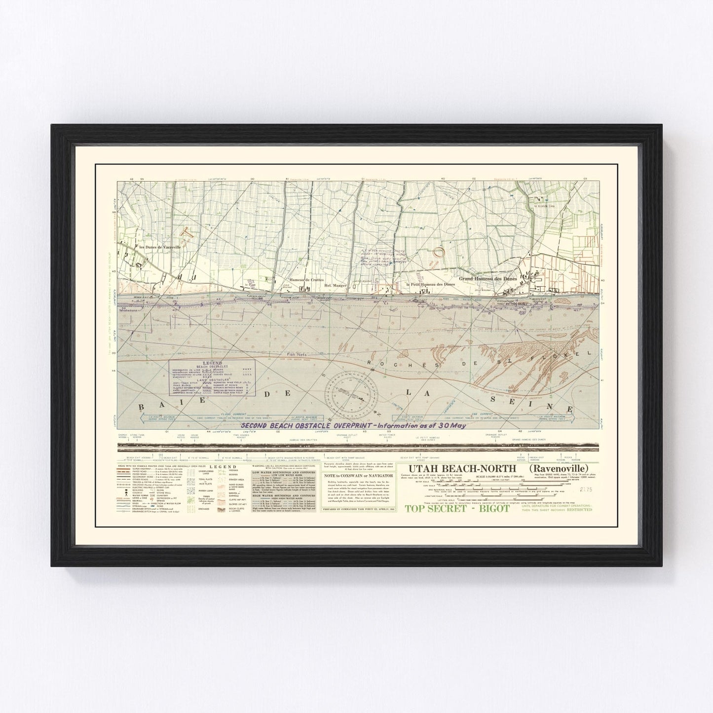 Vintage 1944 military map of Utah Beach Normandy from D-Day landings, WWII restored print