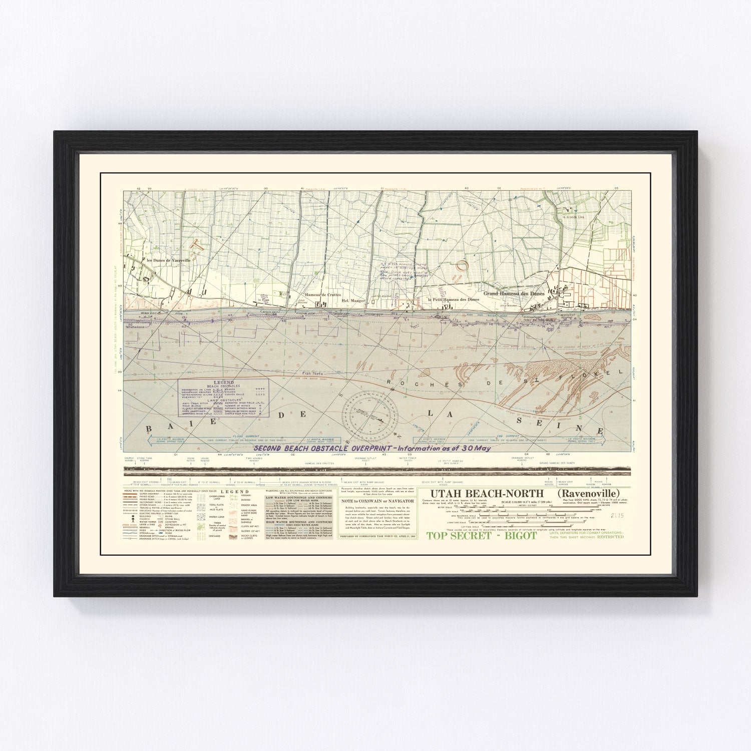 Vintage 1944 military map of Utah Beach Normandy from D-Day landings, WWII restored print
