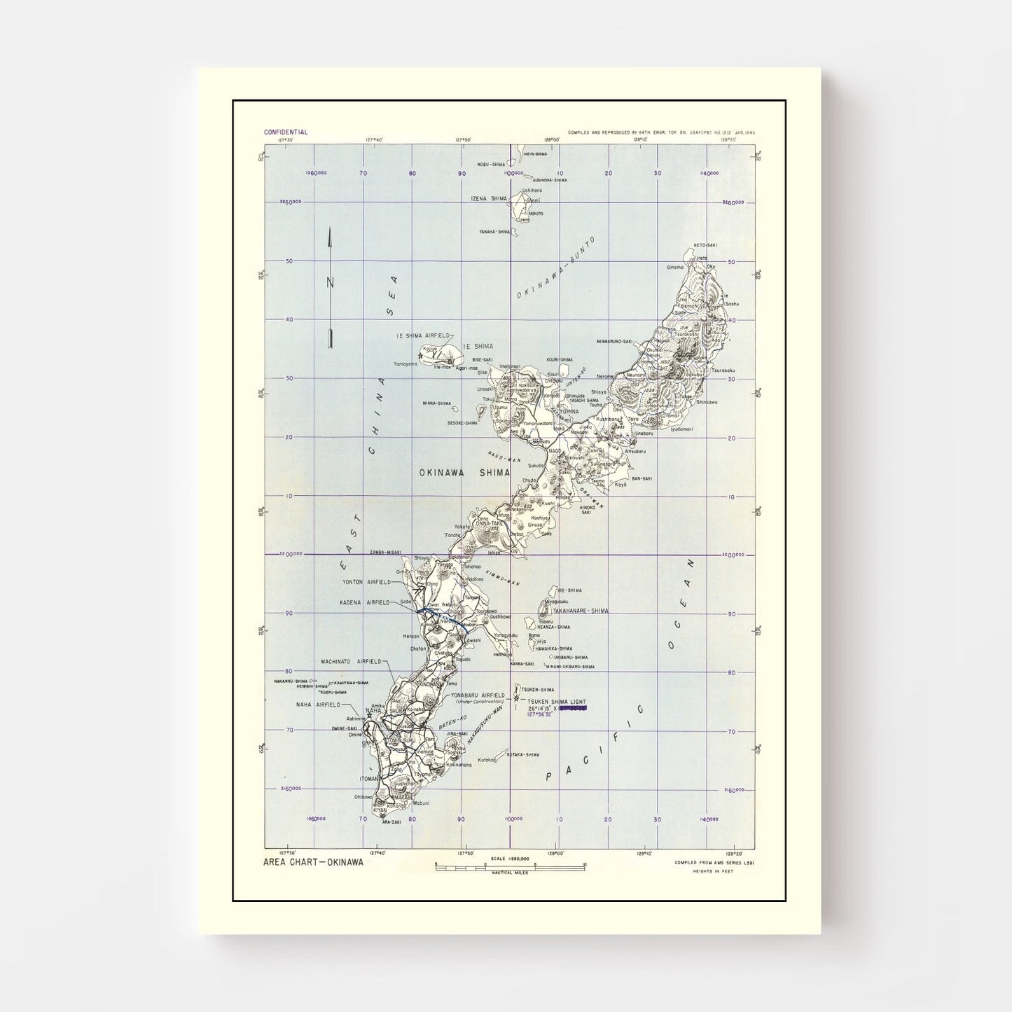 Vintage Okinawa World War II Map, 1945