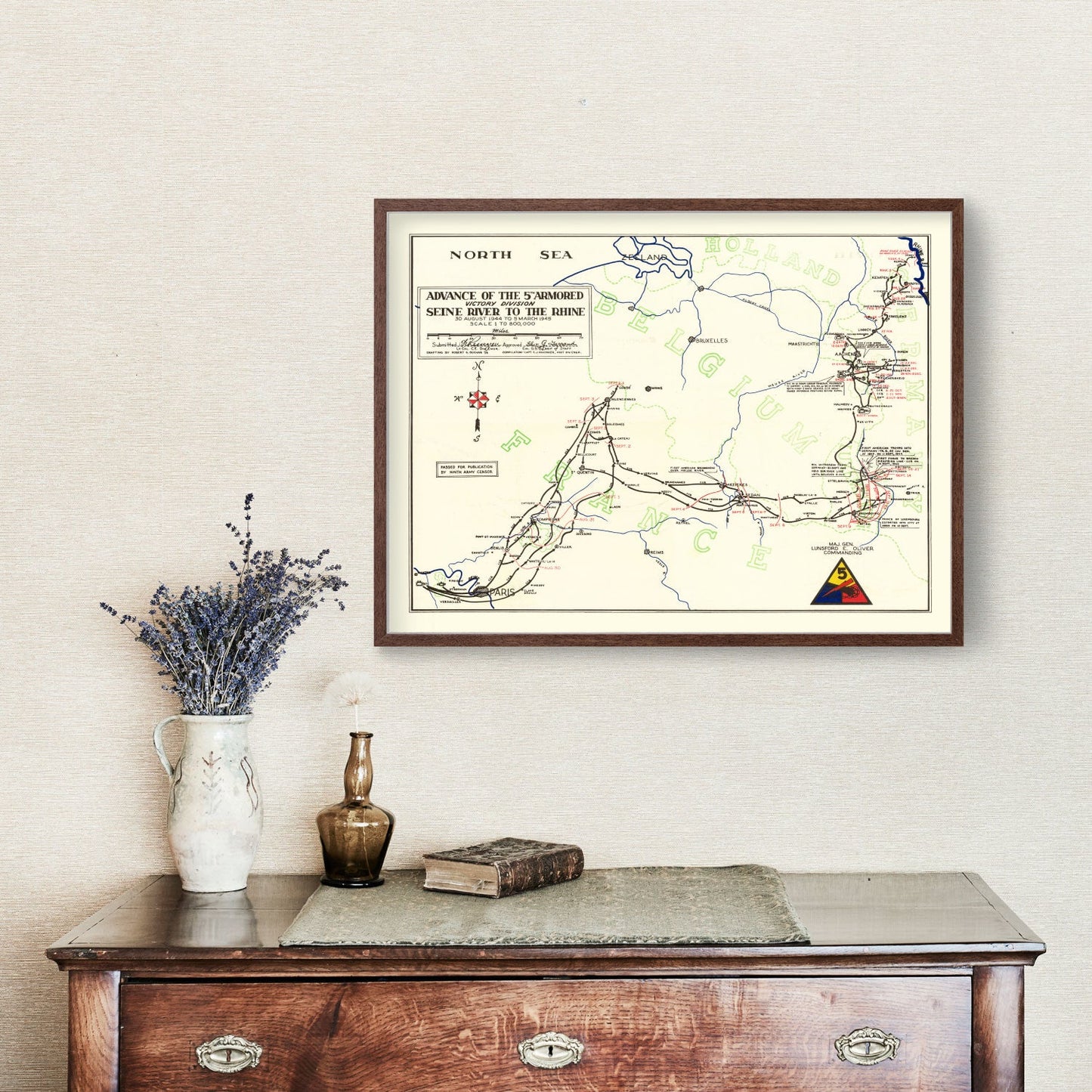 Vintage 5th Armored Victory Division Map, 1945