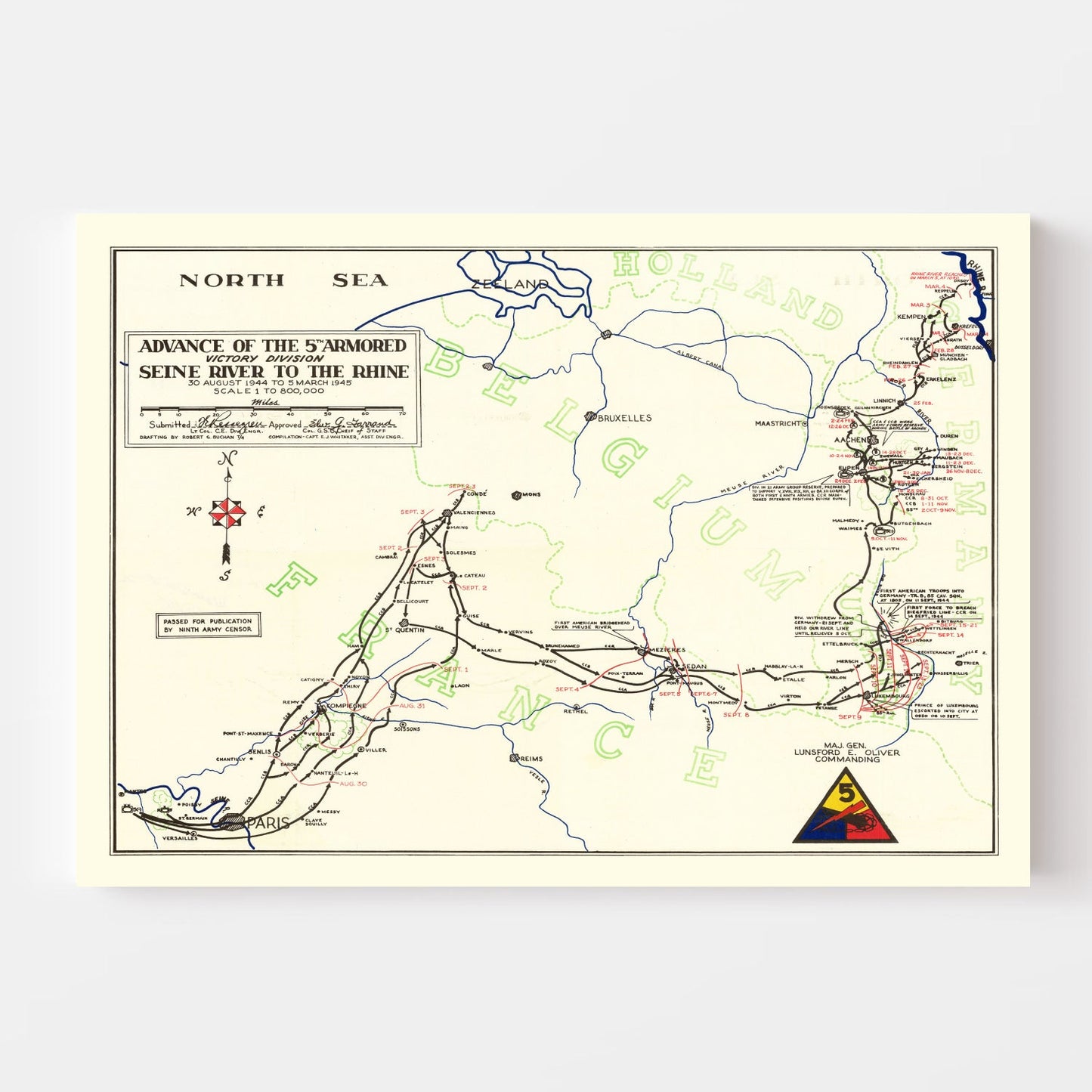 Vintage 5th Armored Victory Division Map, 1945