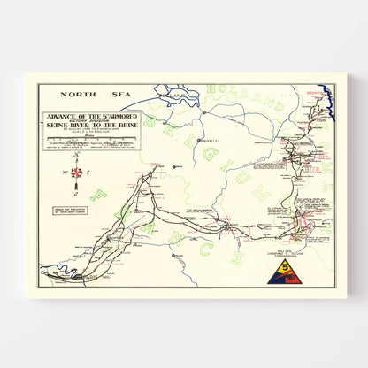 Vintage 5th Armored Victory Division Map, 1945