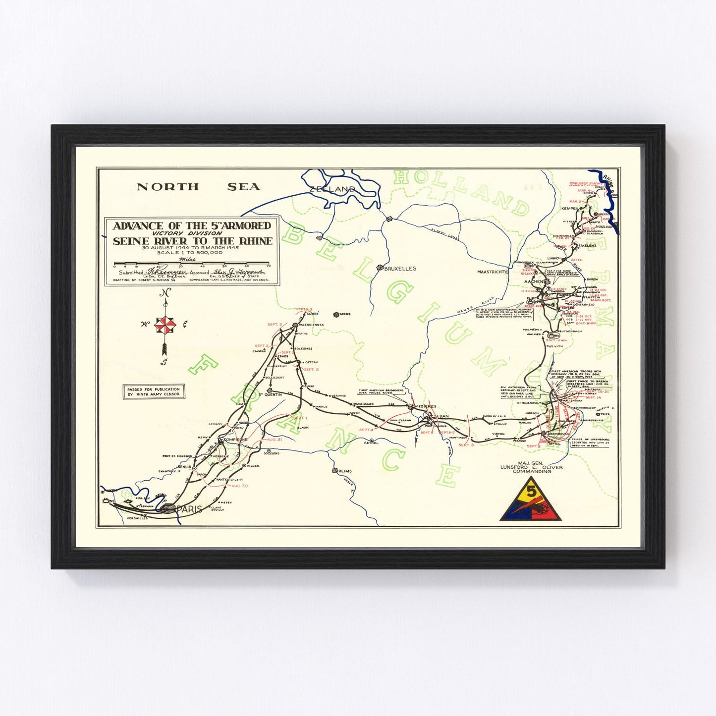 Restored vintage map of the 5th Armored Victory Division WWII campaign, 1945