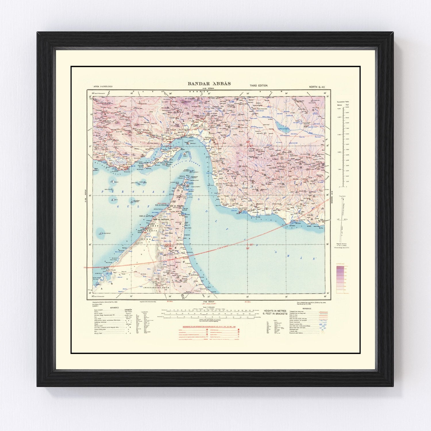 Bandar Abbas Strait of Hormuz vintage map 1945, restored print wall art
