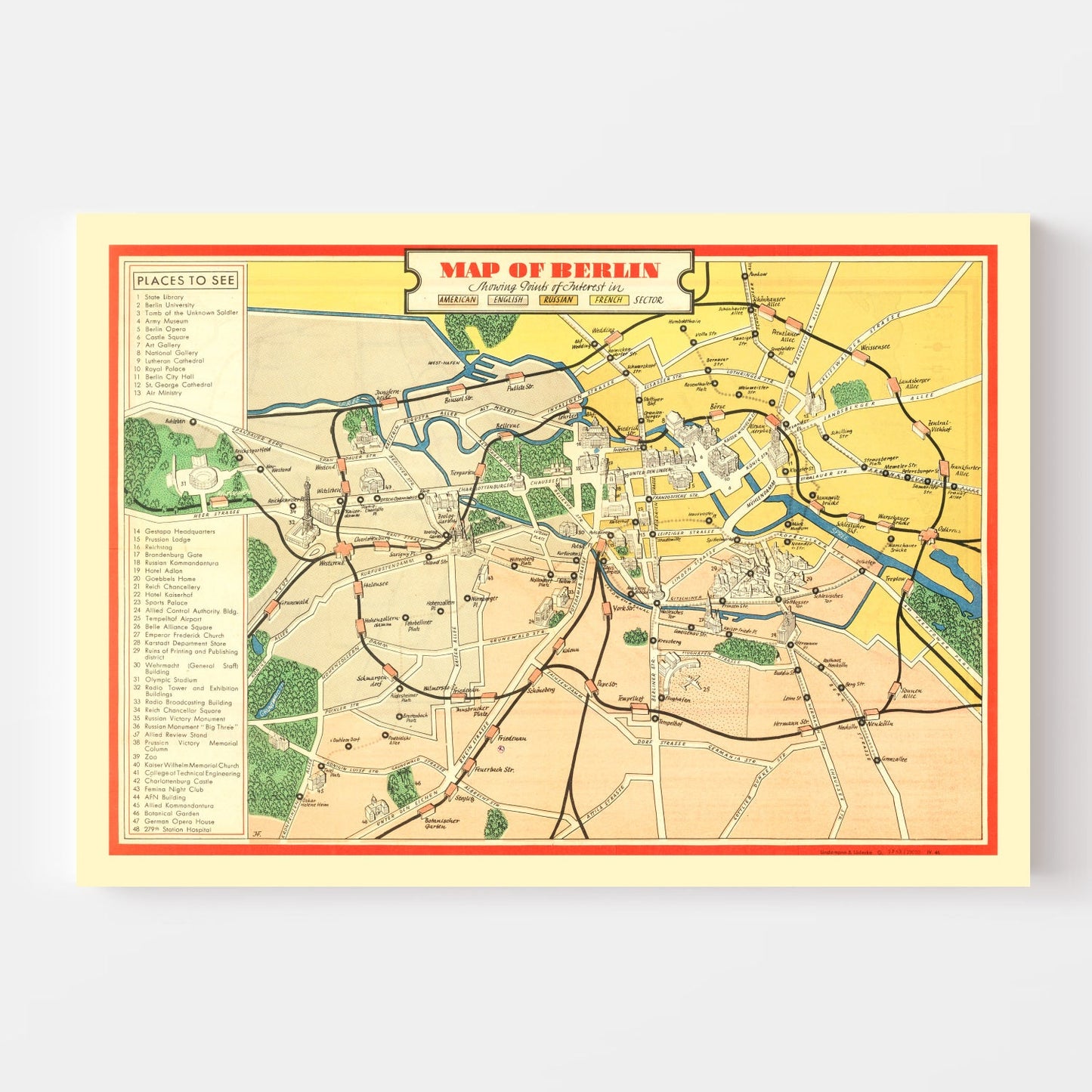 Vintage Map of Berlin, Germany, 1945