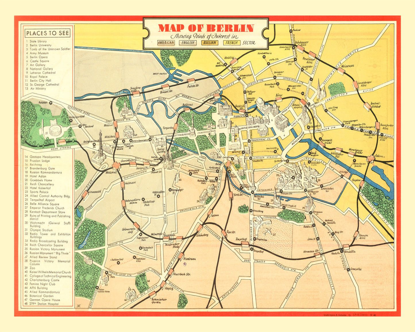 Vintage Map of Berlin, Germany, 1945