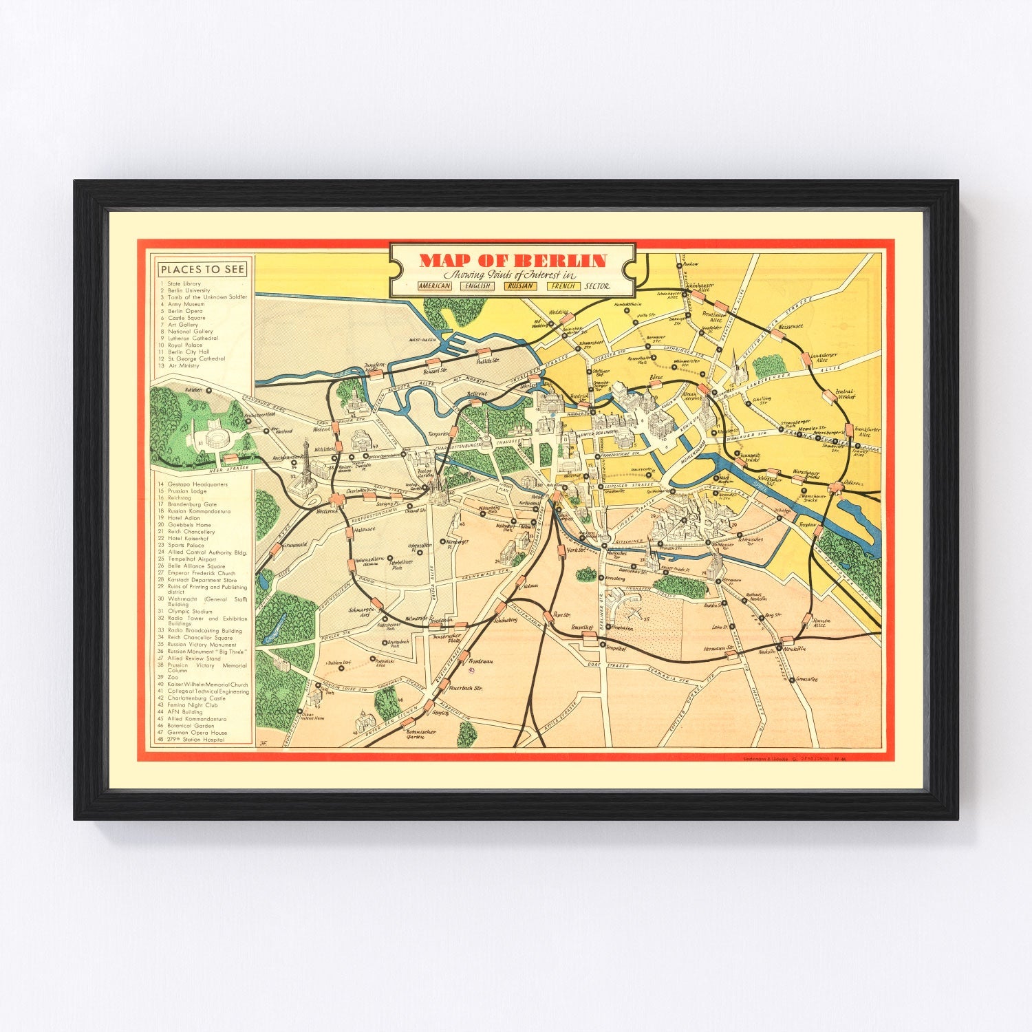 Vintage map of Berlin, Germany, 1945, WWII-era city restored print
