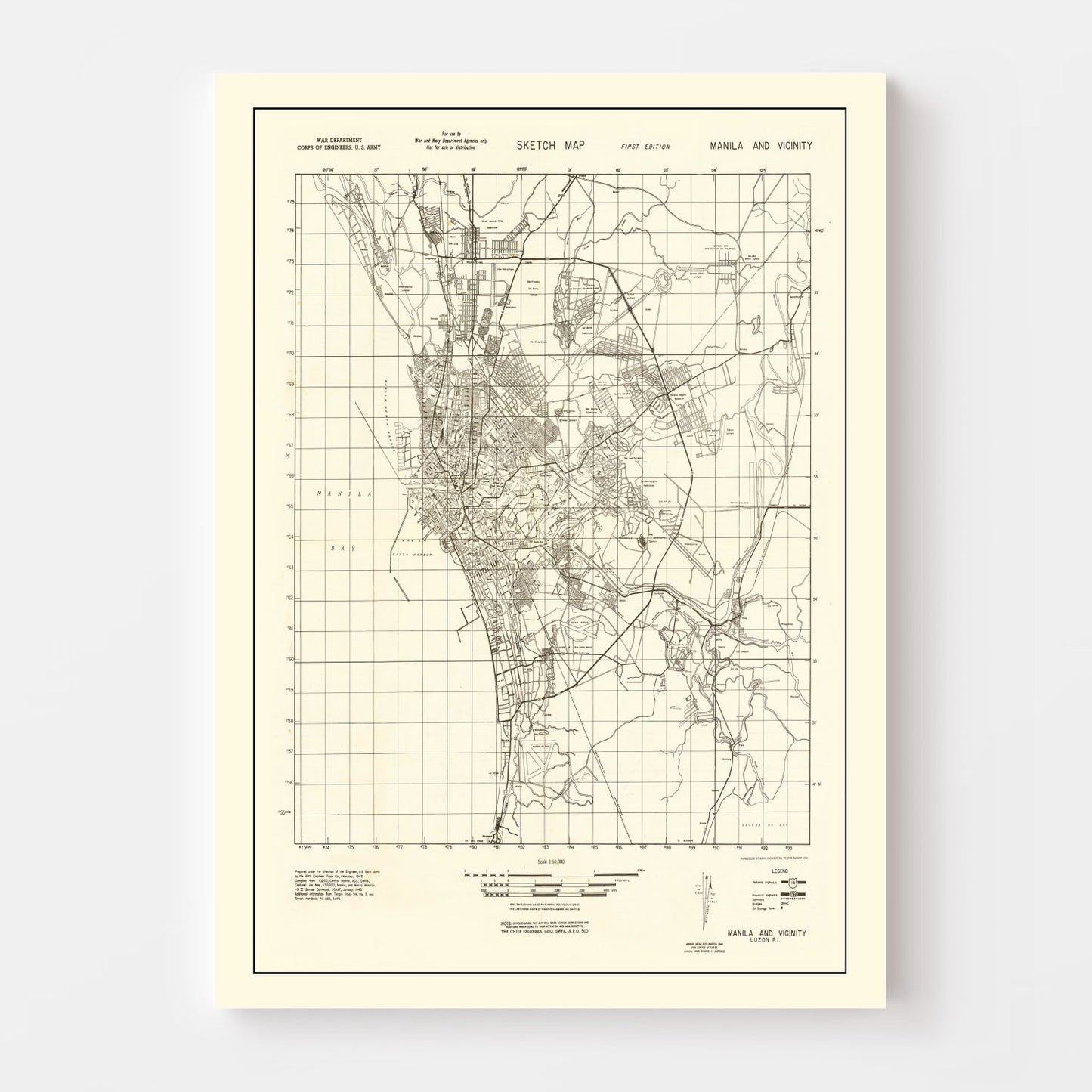 Vintage Manila, Philippines, World War II Map, 1945