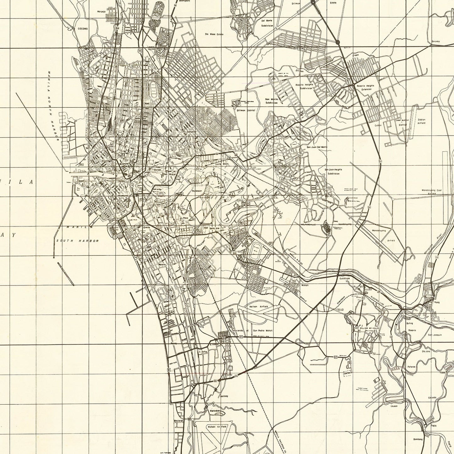 Vintage Manila, Philippines, World War II Map, 1945
