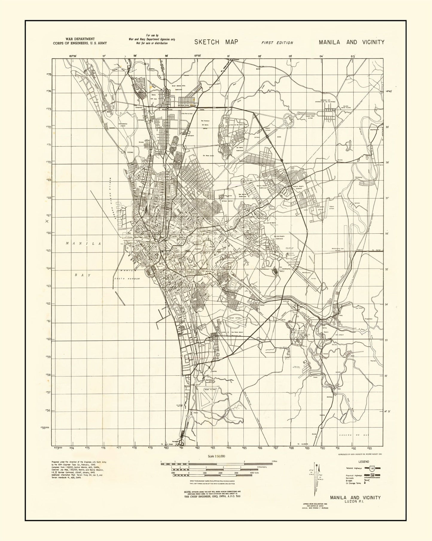 Vintage Manila, Philippines, World War II Map, 1945