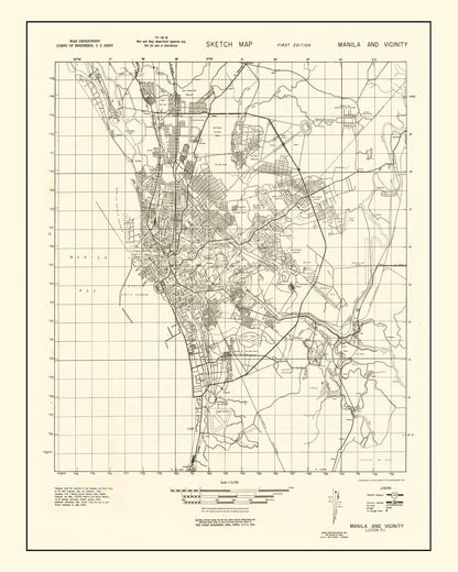 Vintage Manila, Philippines, World War II Map, 1945