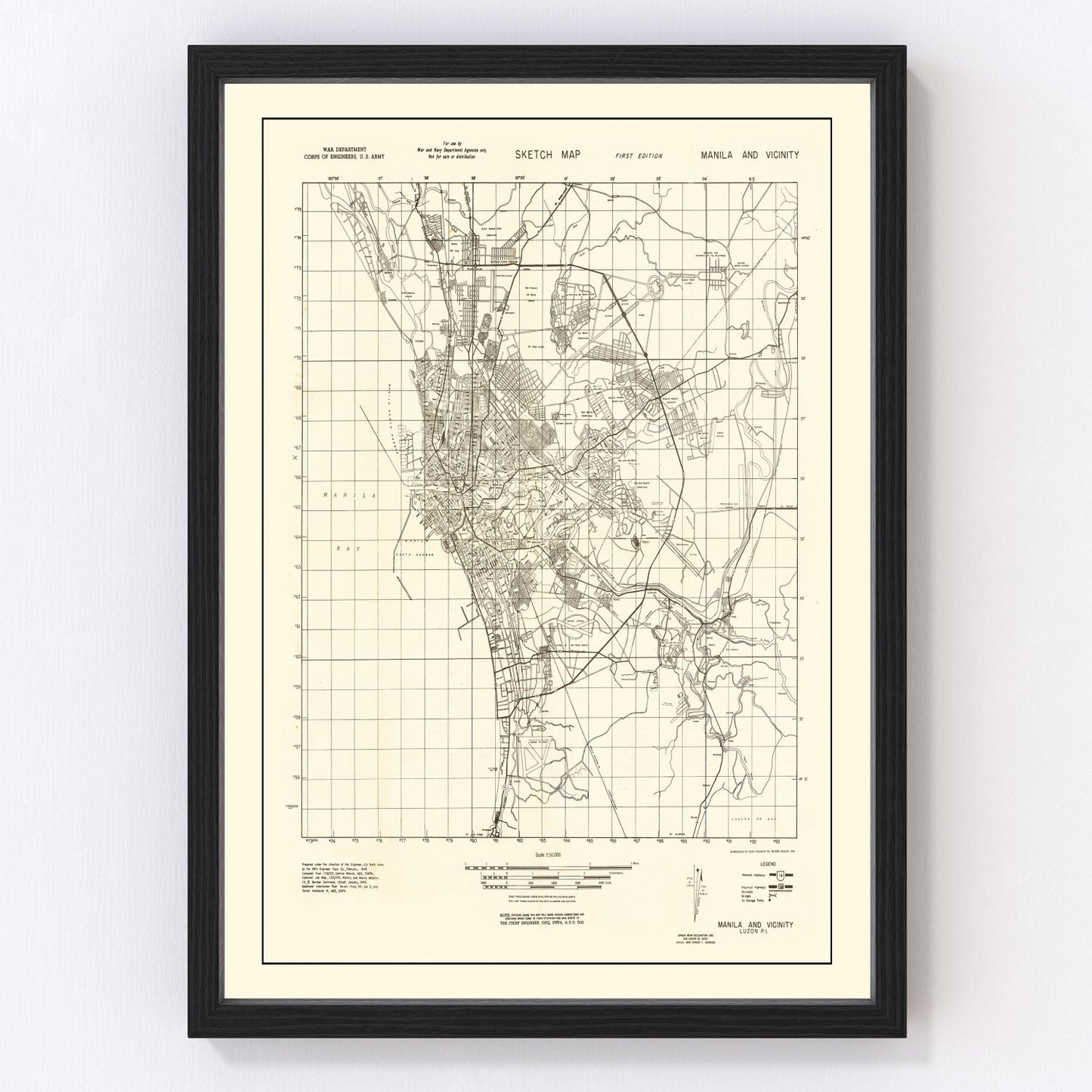 Vintage map of Manila, Philippines, World War II, 1945