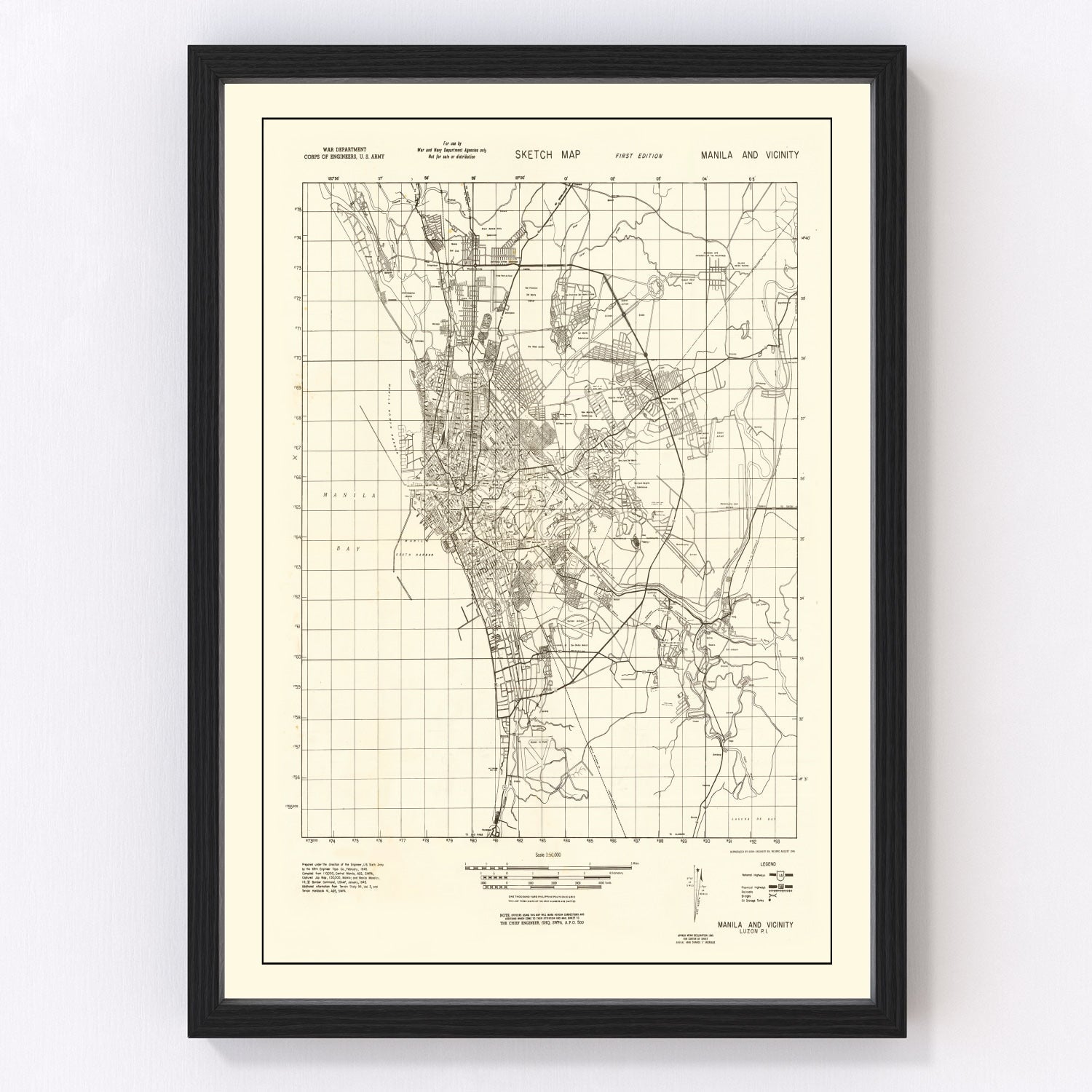Vintage map of Manila, Philippines, World War II, 1945