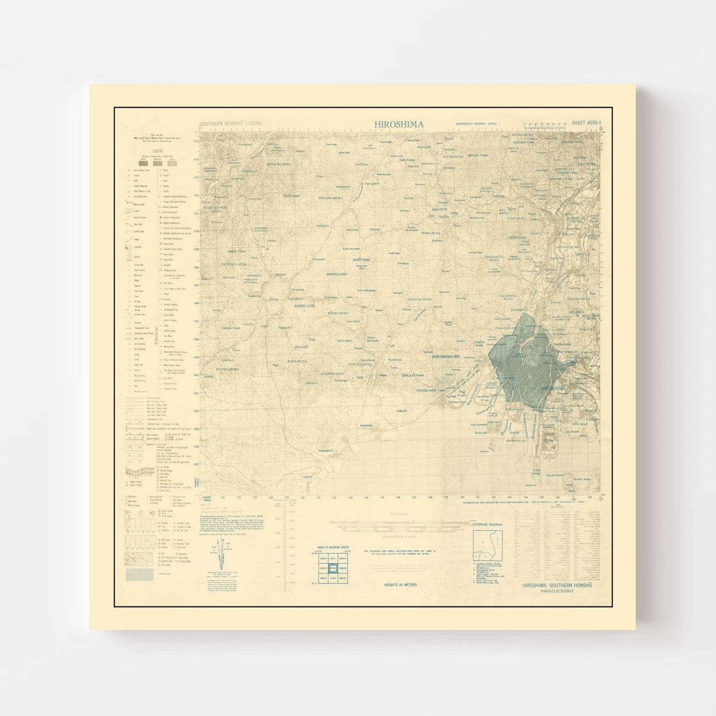 Vintage Hiroshima Atomic Bombing Map, 1945