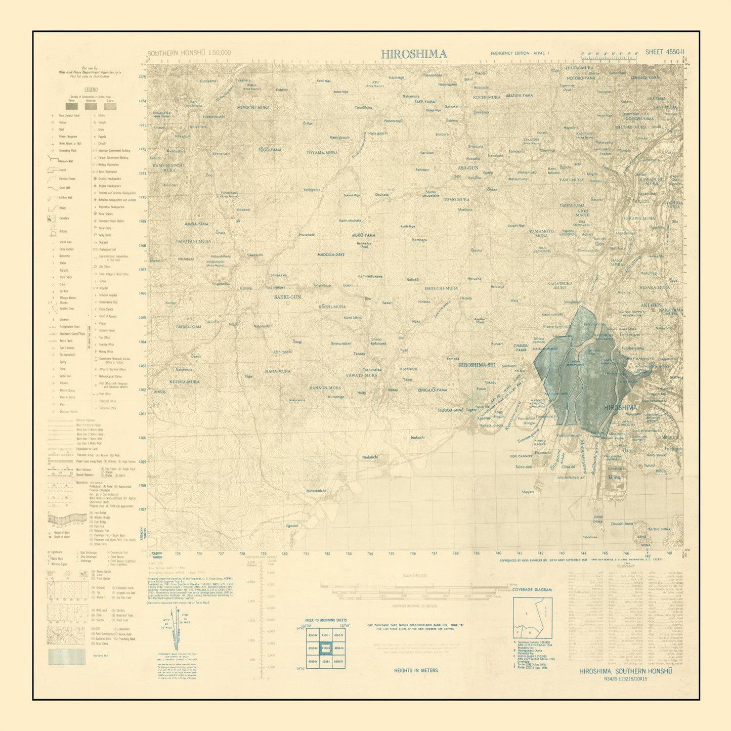 Vintage Hiroshima Atomic Bombing Map, 1945