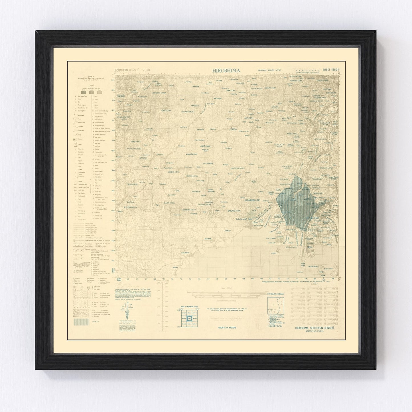 Vintage documentary map of the Hiroshima atomic bombing blast zones, 1945