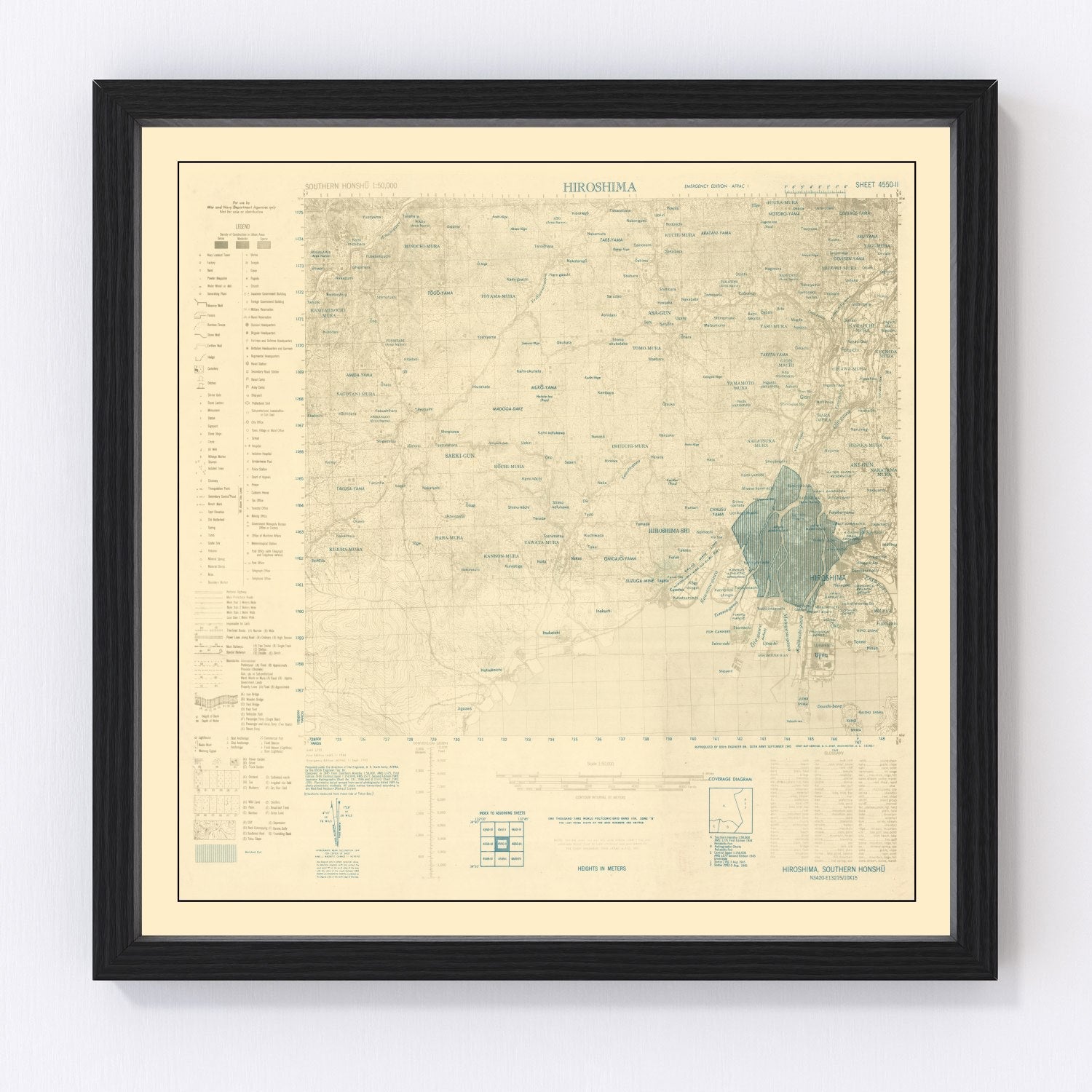 Vintage documentary map of the Hiroshima atomic bombing blast zones, 1945